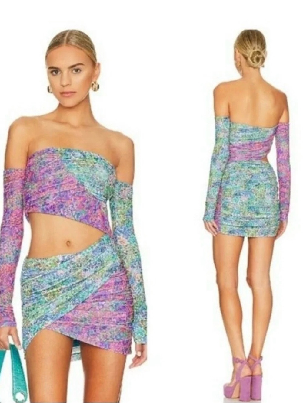 NBD Multicolor Pastel Off-Shoulder Cutout Mini Dress